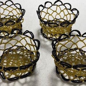 4 Vintage Beaded Baskets, Brown and Yellow/Gold